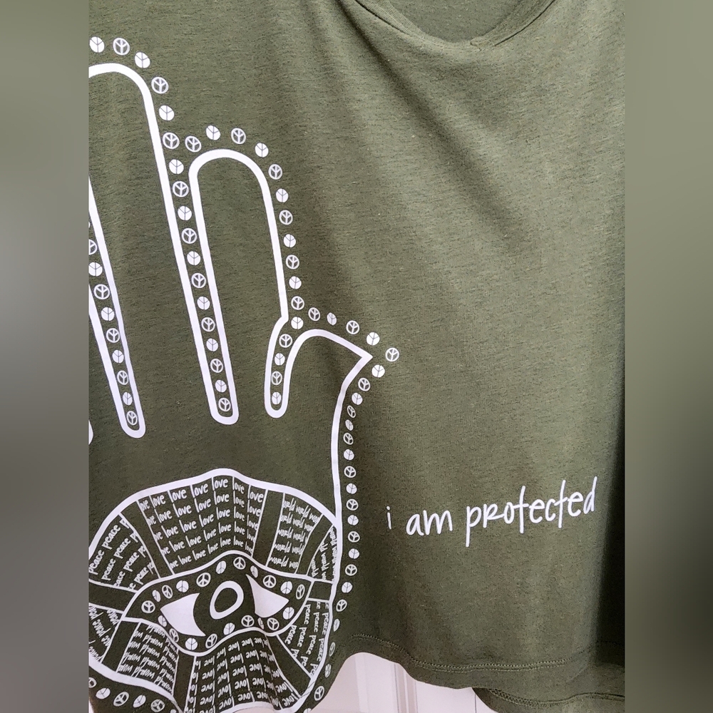 Peace Love World Olive Green Long Sleeve Tee with White Hamsa Hand Design SZ XL - Picture 3 of 9